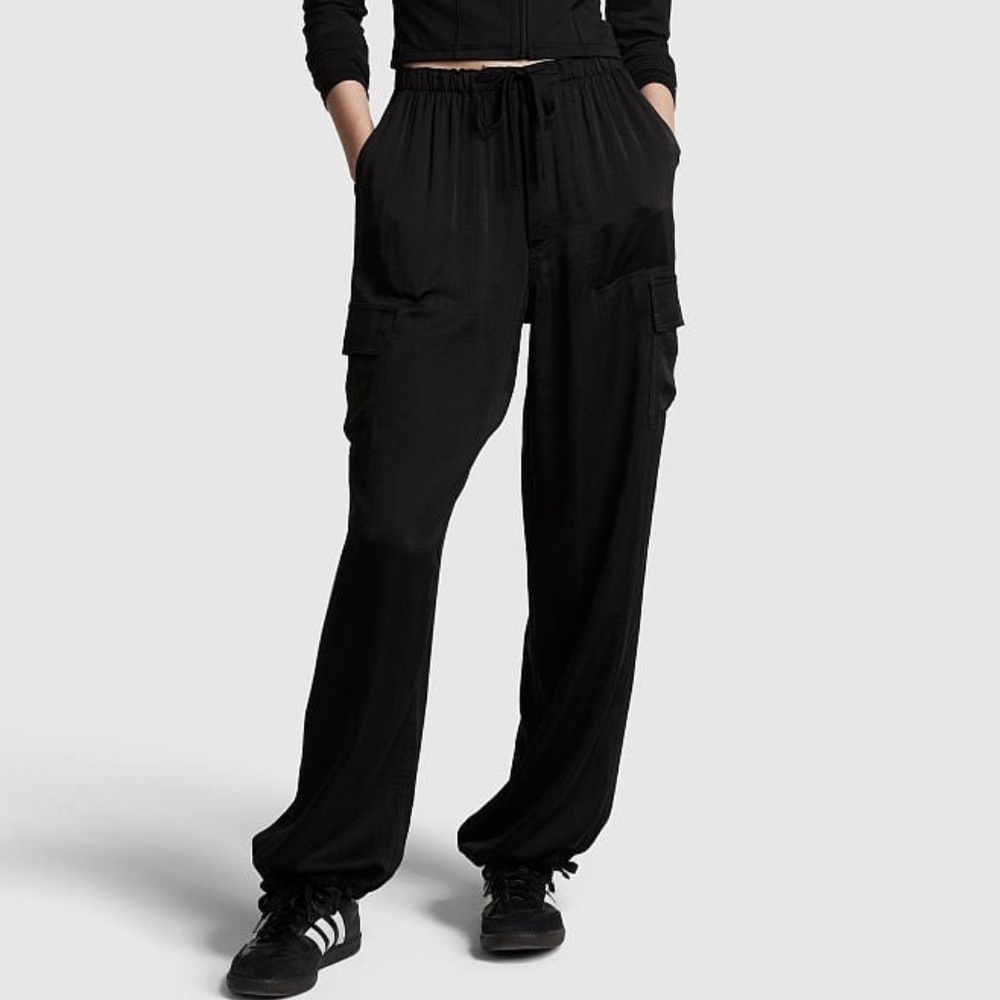 Victoria's Secret PINK Satin Parachute Pants Black XL NEW